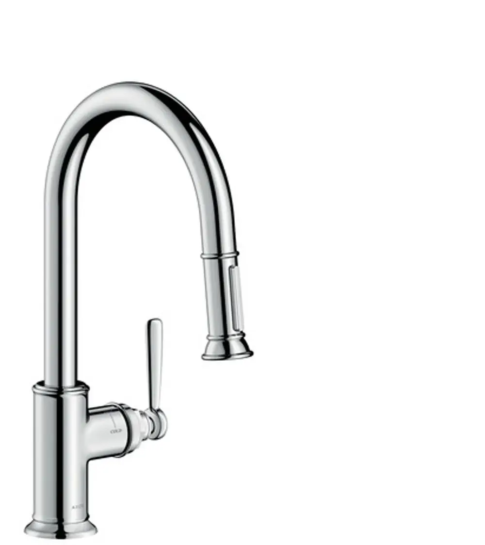 Hochglänzender Spültischmischer von AXOR mit ausgezogener Brause und ergonomischem Hebel. Minimalistisches Design, geeignet für moderne Küchen.